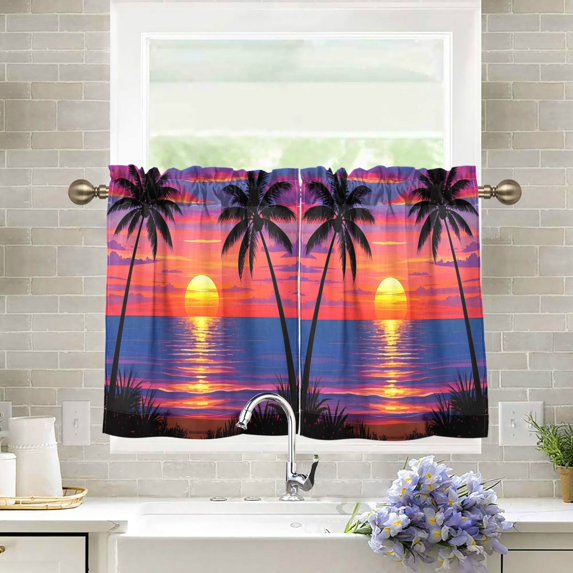 Yayeee Kitchen Curtains Tier Pair Light Filtering 27"x24" Rod Pocket Short Cafe Window Panel, Palm Tree Sunset Pattern
