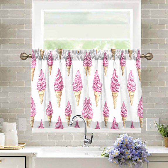 Yayeee Kitchen Curtains Tier Pair Light Filtering 27"x24" Rod Pocket Short Cafe Window Panel, Pink Cartoon Ice Cream