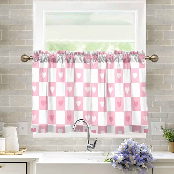Yayeee Kitchen Curtains Tier Pair Light Filtering 27"x24" Rod Pocket Short Cafe Window Panel, Pink Checkered Heart
