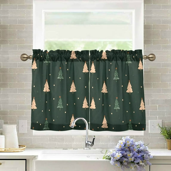 Yayeee Kitchen Curtains Tier Pair Light Filtering 27"x24" Rod Pocket Short Cafe Window Panel, Pink Christmas Trees