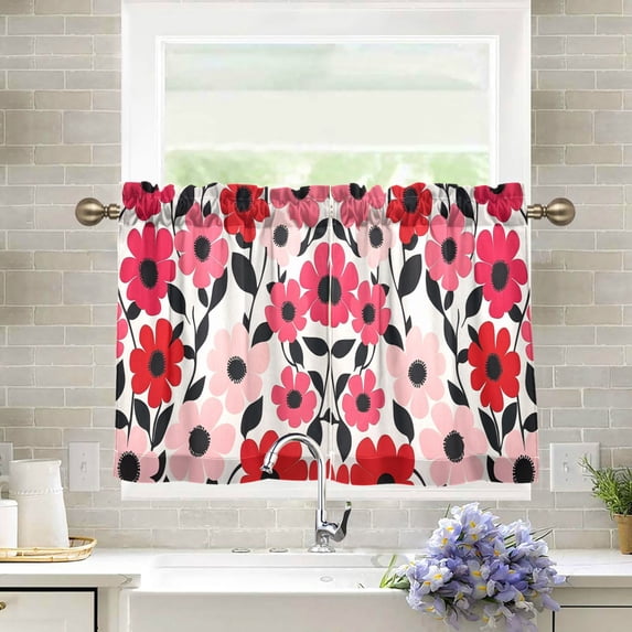Yayeee Kitchen Curtains Light Filtering 27"x24" Rod Pocket Short Cafe Window Panel, Pink and Red Flowers