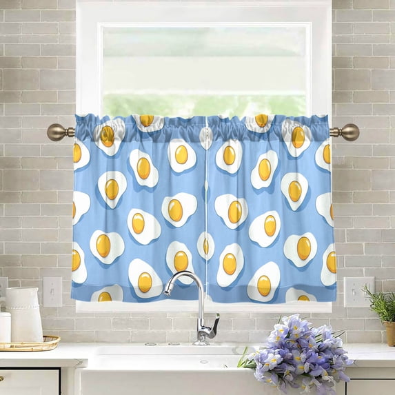 Yayeee Kitchen Curtains Tier Pair Light Filtering 27"x24" Rod Pocket Short Cafe Window Panel, Playful Fried Eggs