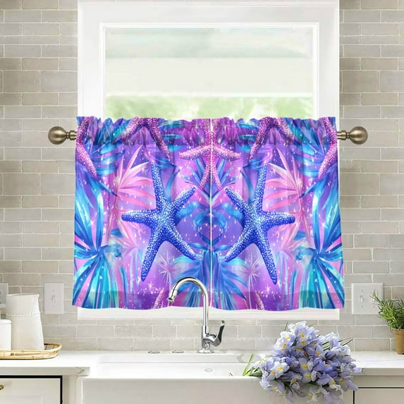 Yayeee Kitchen Curtains Tier Pair Light Filtering 27"x24" Rod Pocket Short Cafe Window Panel, Purple Starfish Pattern
