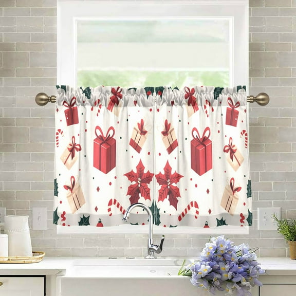 Yayeee Kitchen Curtains Light Filtering 27"x24" Rod Pocket Short Cafe Window Panel, Red Christmas Gift Pattern