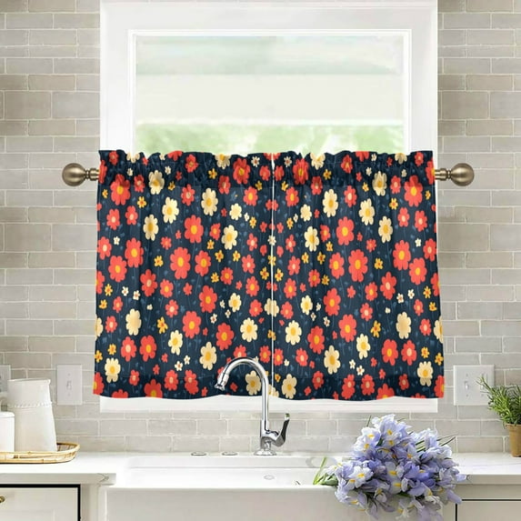 Yayeee Kitchen Curtains Light Filtering 27"x24" Rod Pocket Short Cafe Window Panel, Red Floral