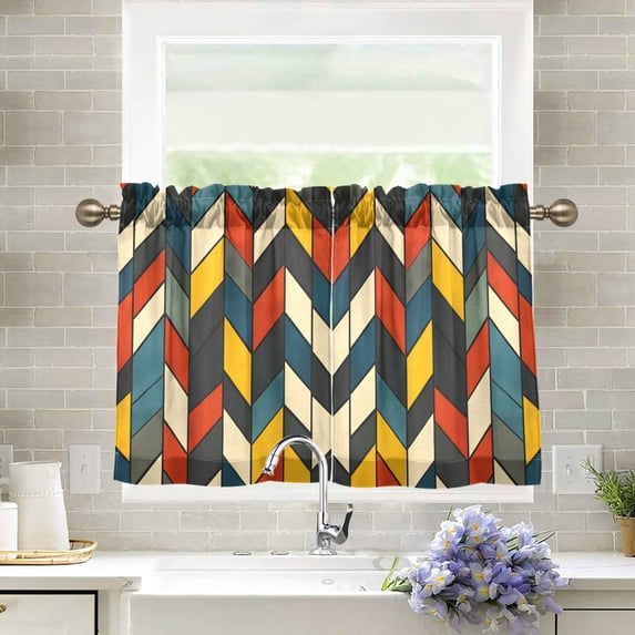 Yayeee Kitchen Curtains Tier Pair Light Filtering 27"x24" Rod Pocket Short Cafe Window Panel, Red Geometric