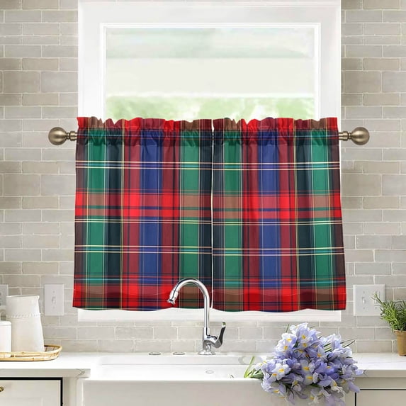 Yayeee Kitchen Curtains Tier Pair Light Filtering 27"x24" Rod Pocket Short Cafe Window Panel, Red Green Pattern