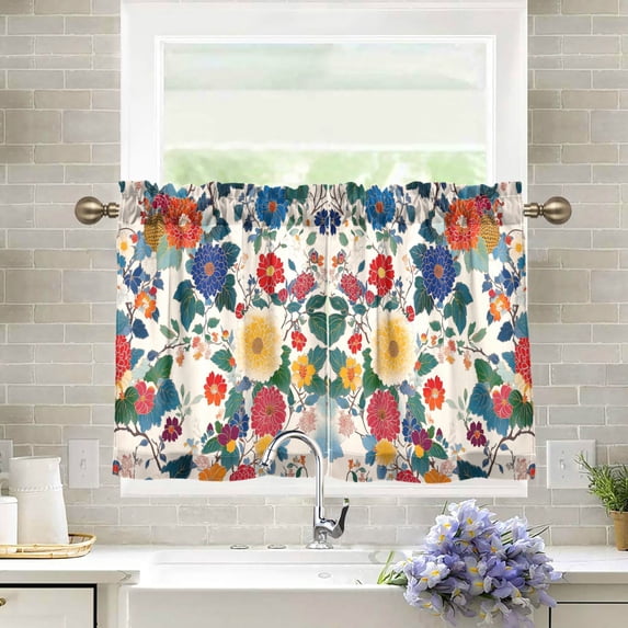 Yayeee Kitchen Curtains Tier Pair Light Filtering 27"x24" Rod Pocket Short Cafe Window Panel, Red Japanese Floral Pattern