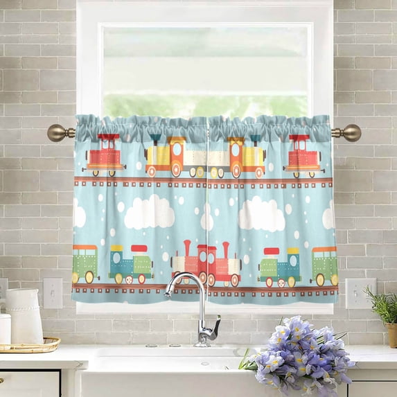 Yayeee Kitchen Curtains Tier Pair Light Filtering 27"x24" Rod Pocket Short Cafe Window Panel, Red Trains Pattern
