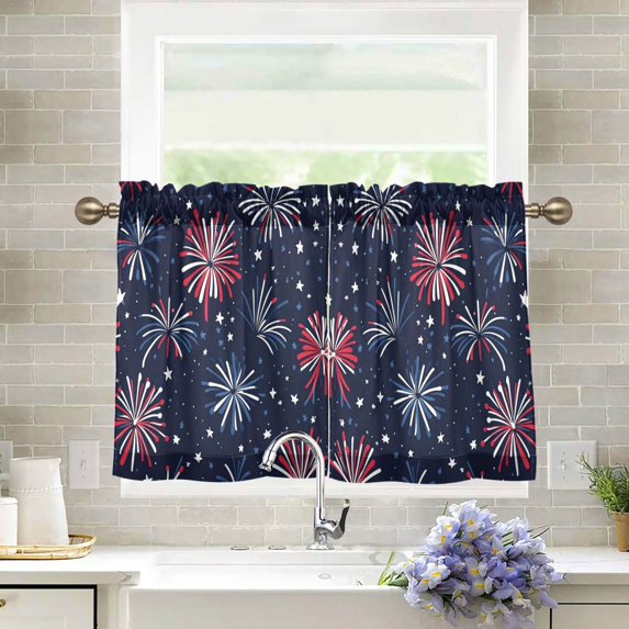 Yayeee Kitchen Curtains Light Filtering 27"x24" Rod Pocket Short Cafe Window Panel, Red and Blue Fireworks Pattern