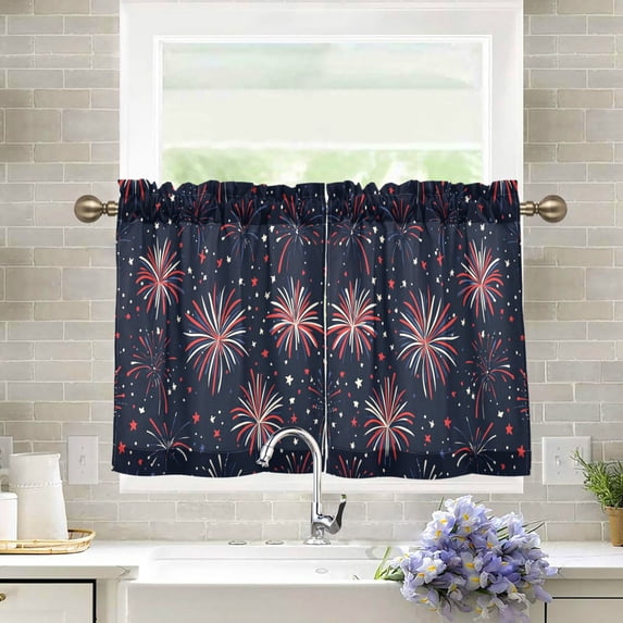Yayeee Kitchen Curtains Tier Pair Light Filtering 27"x24" Rod Pocket Short Cafe Window Panel, Red and White Fireworks Pattern