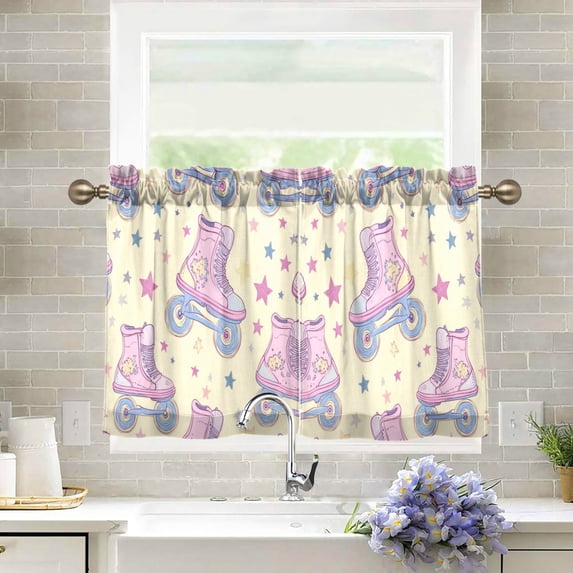 Yayeee Kitchen Curtains Tier Pair Light Filtering 27"x24" Rod Pocket Short Cafe Window Panel, Roller Disco