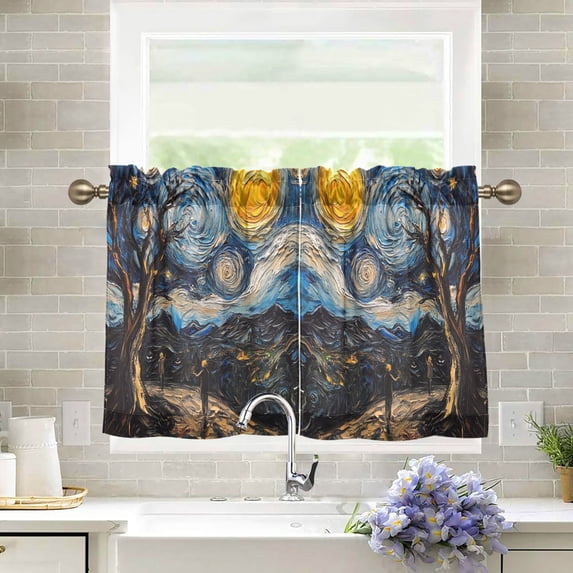 Yayeee Kitchen Curtains Light Filtering 27"x24" Rod Pocket Short Cafe Window Panel, Swirling Starry Sky
