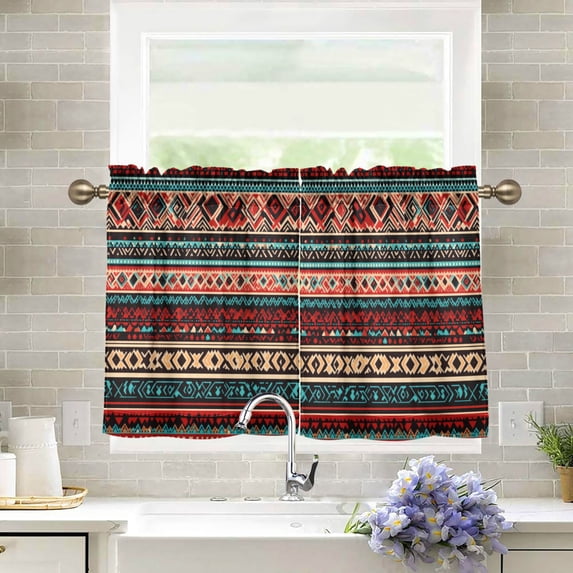 Yayeee Kitchen Curtains Tier Pair Light Filtering 27"x24" Rod Pocket Short Cafe Window Panel, Tribal Geometric