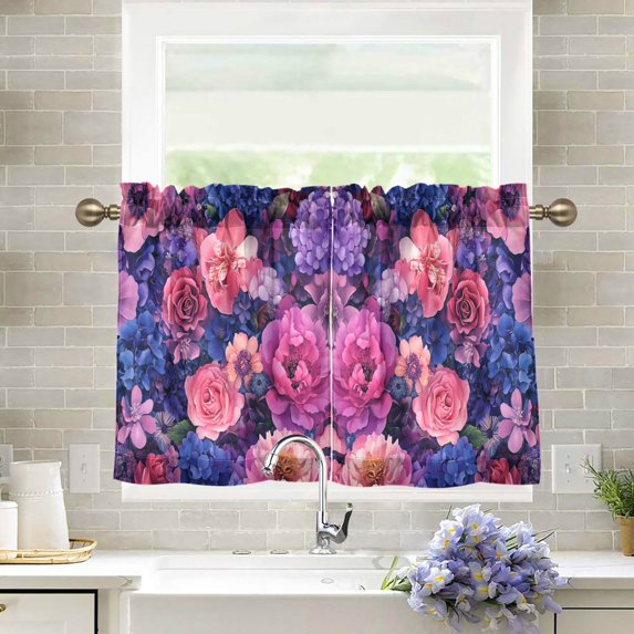 Yayeee Kitchen Curtains Tier Pair Light Filtering 27"x24" Rod Pocket Short Cafe Window Panel, Vibrant Art Flowers