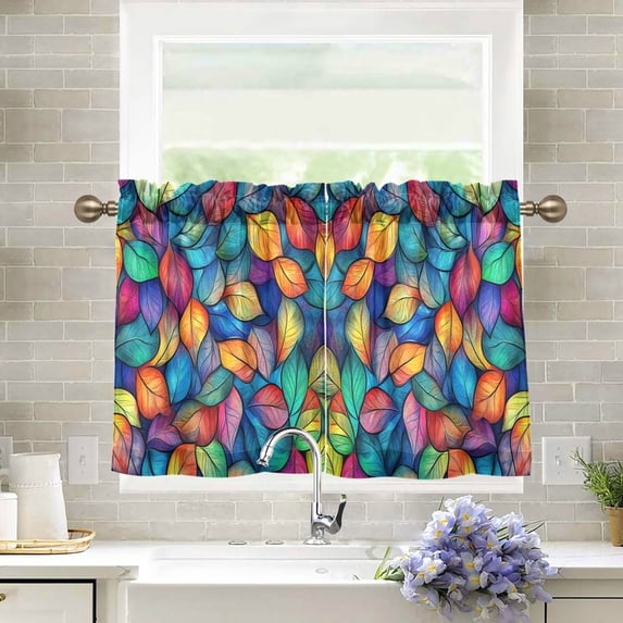 Yayeee Kitchen Curtains Tier Pair Light Filtering 27"x24" Rod Pocket Short Cafe Window Panel, Vibrant Art Leaves Pattern