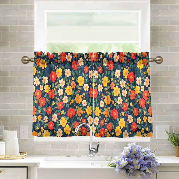 Yayeee Kitchen Curtains Tier Pair Light Filtering 27"x24" Rod Pocket Short Cafe Window Panel, Vibrant Flowers