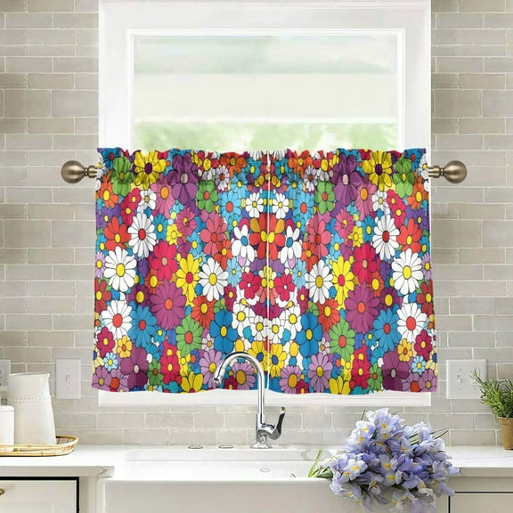 Yayeee Kitchen Curtains Light Filtering 27"x24" Rod Pocket Short Cafe Window Panel, Whimsical Floral