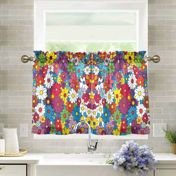 Yayeee Kitchen Curtains Tier Pair Light Filtering 27"x24" Rod Pocket Short Cafe Window Panel, Whimsical Floral
