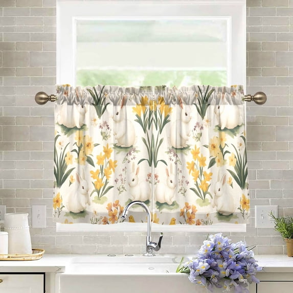 Yayeee Kitchen Curtains Tier Pair Light Filtering 27"x24" Rod Pocket Short Cafe Window Panel, White Rabbits