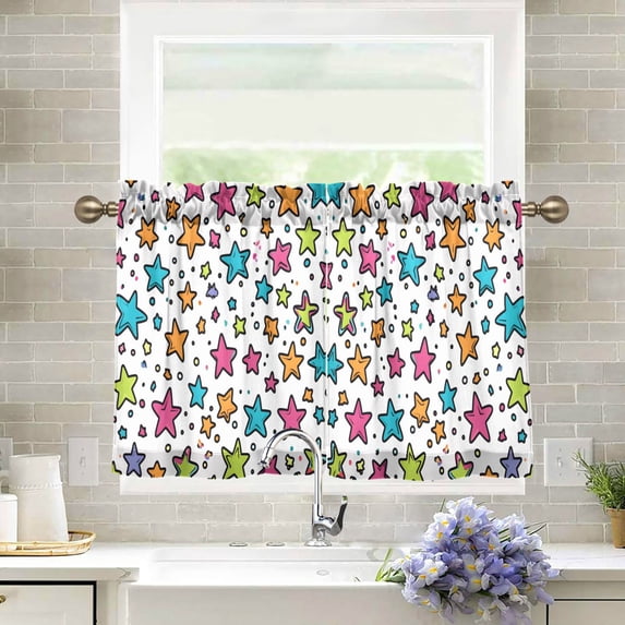 Yayeee Kitchen Curtains Tier Pair Light Filtering 27"x24" Rod Pocket Short Cafe Window Panel, White Stars