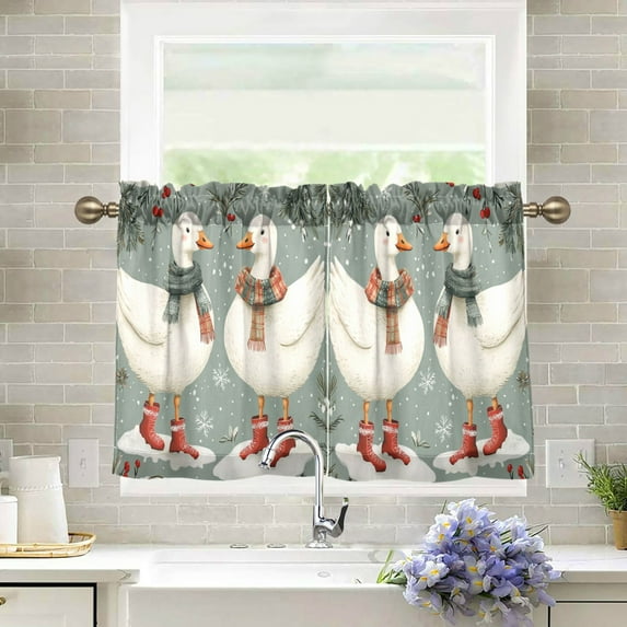 Yayeee Kitchen Curtains Tier Pair Light Filtering 27"x24" Rod Pocket Short Cafe Window Panel, Winter Goose Scarves