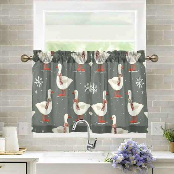 Yayeee Kitchen Curtains Light Filtering 27"x24" Rod Pocket Short Cafe Window Panel, Winter Goose