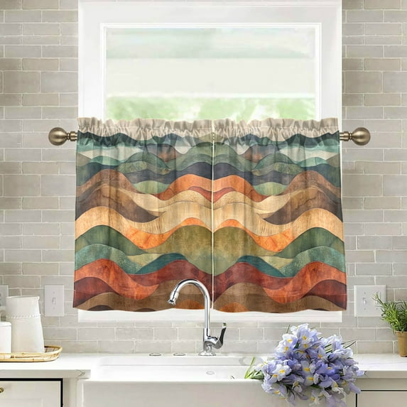 Yayeee Kitchen Curtains Tier Pair Light Filtering 27"x36" Rod Pocket Short Cafe Window Panel, Abstract Wavy Landscape