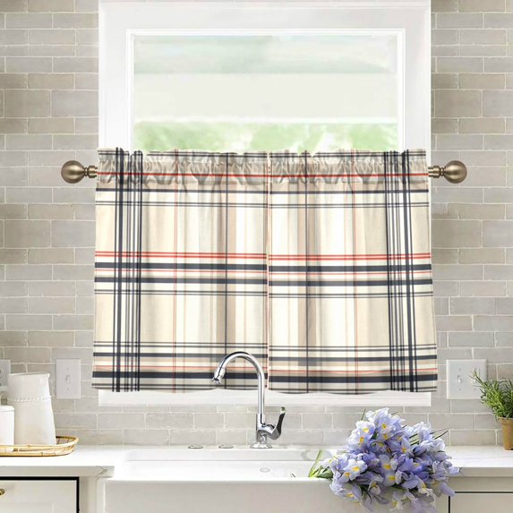 Yayeee Kitchen Curtains Tier Pair Light Filtering 27"x36" Rod Pocket Short Cafe Window Panel, Beige Plaid Pattern