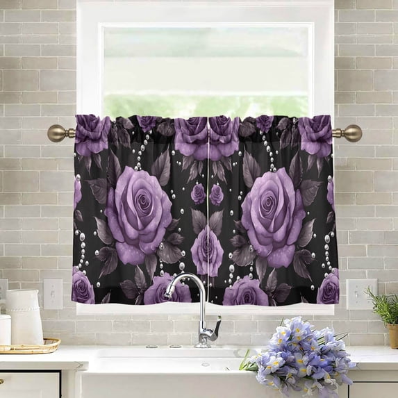 Yayeee Kitchen Curtains Tier Pair Light Filtering 27"x36" Rod Pocket Short Cafe Window Panel, Black Roses