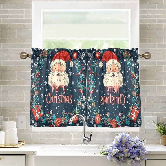 Yayeee Kitchen Curtains Tier Pair Light Filtering 27"x36" Rod Pocket Short Cafe Window Panel, Blue Christmas Santa