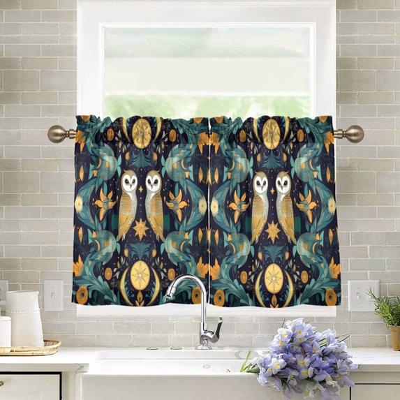 Yayeee Kitchen Curtains Tier Pair Light Filtering 27"x36" Rod Pocket Short Cafe Window Panel, Brown Mystical Owls