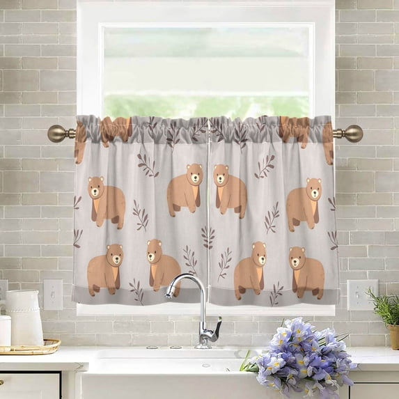 Yayeee Kitchen Curtains Light Filtering 27"x36" Rod Pocket Short Cafe Window Panel, Cartoon Bear