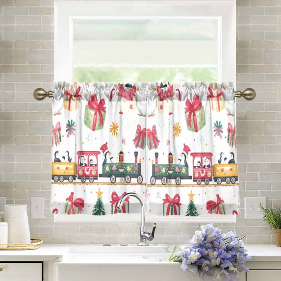 Yayeee Kitchen Curtains Tier Pair Light Filtering 27"x36" Rod Pocket Short Cafe Window Panel, Christmas Penguin