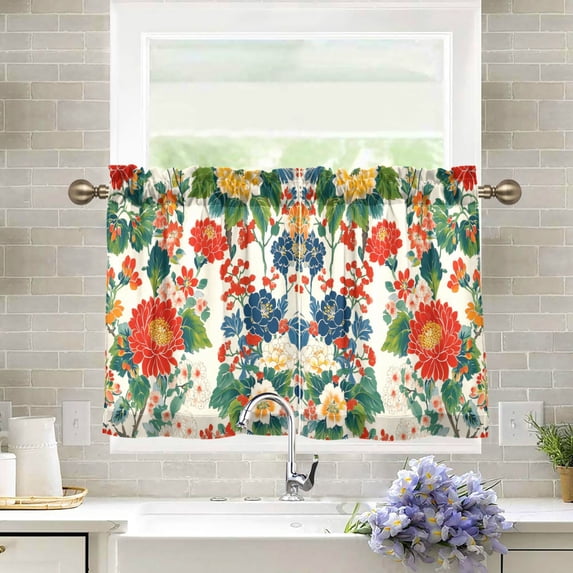 Yayeee Kitchen Curtains Tier Pair Light Filtering 27"x36" Rod Pocket Short Cafe Window Panel, Colorful Flowers Pattern