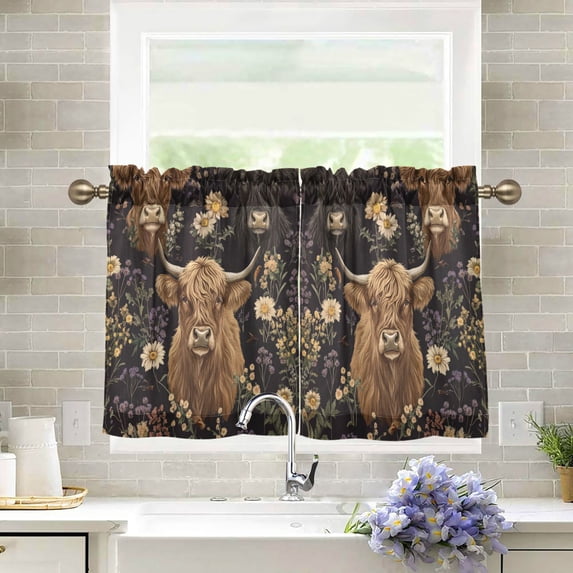 Yayeee Kitchen Curtains Tier Pair Light Filtering 27"x36" Rod Pocket Short Cafe Window Panel, Cows and Flowers