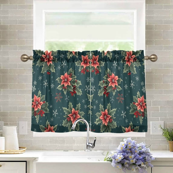Yayeee Kitchen Curtains Tier Pair Light Filtering 27"x36" Rod Pocket Short Cafe Window Panel, Floral Christmas