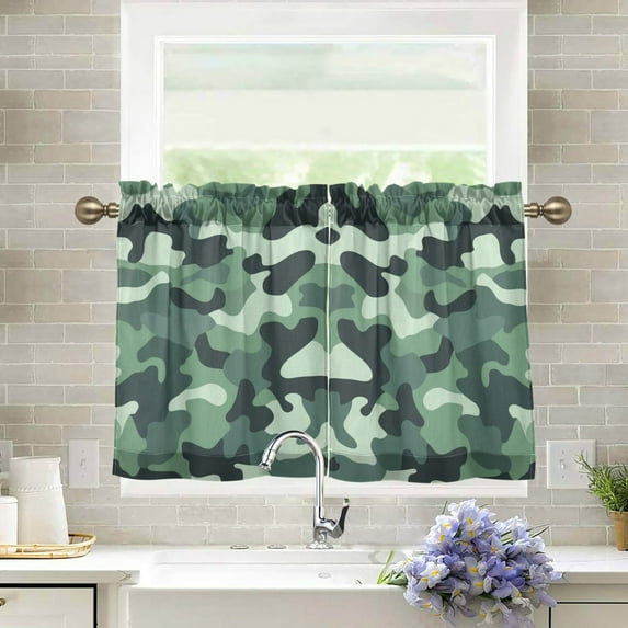 Yayeee Kitchen Curtains Tier Pair Light Filtering 27"x36" Rod Pocket Short Cafe Window Panel, Forest Camouflage Pattern