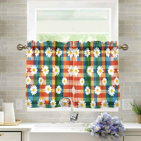 Yayeee Kitchen Curtains Tier Pair Light Filtering 27"x36" Rod Pocket Short Cafe Window Panel, Green Checkered Daisy