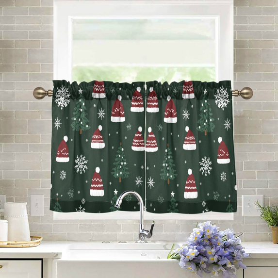 Yayeee Kitchen Curtains Tier Pair Light Filtering 27"x36" Rod Pocket Short Cafe Window Panel, Green Christmas Hats
