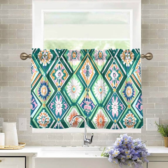 Yayeee Kitchen Curtains Tier Pair Light Filtering 27"x36" Rod Pocket Short Cafe Window Panel, Green Geometric Flowers