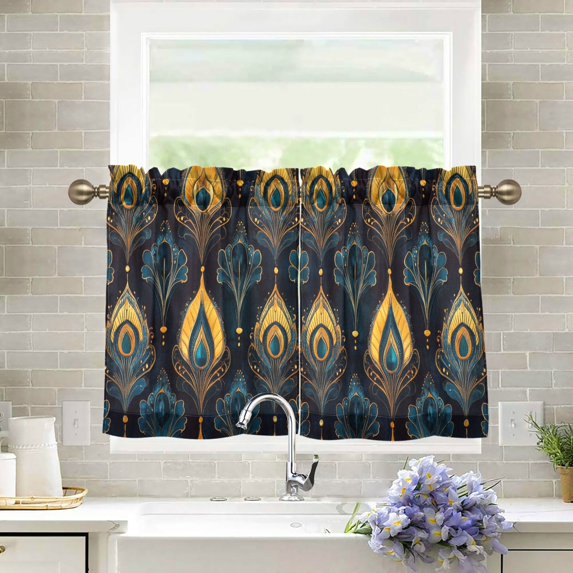 Yayeee Kitchen Curtains Light Filtering 27"x36" Rod Pocket Short Cafe Window Panel, Navy Blue Art Pattern