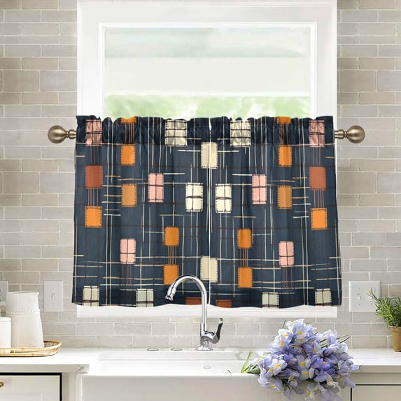 Yayeee Kitchen Curtains Tier Pair Light Filtering 27"x36" Rod Pocket Short Cafe Window Panel, Orange Checkered Pattern