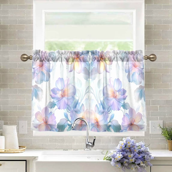 Yayeee Kitchen Curtains Tier Pair Light Filtering 27"x36" Rod Pocket Short Cafe Window Panel, Pastel Flower Pattern