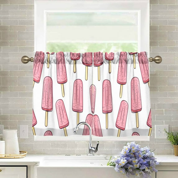 Yayeee Kitchen Curtains Tier Pair Light Filtering 27"x36" Rod Pocket Short Cafe Window Panel, Pink Ice Cream