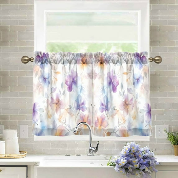 Yayeee Kitchen Curtains Tier Pair Light Filtering 27"x36" Rod Pocket Short Cafe Window Panel, Purple Flower Pattern