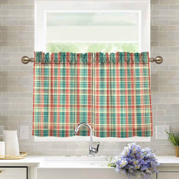 Yayeee Kitchen Curtains Tier Pair Light Filtering 27"x36" Rod Pocket Short Cafe Window Panel, Red Green Tartan Pattern
