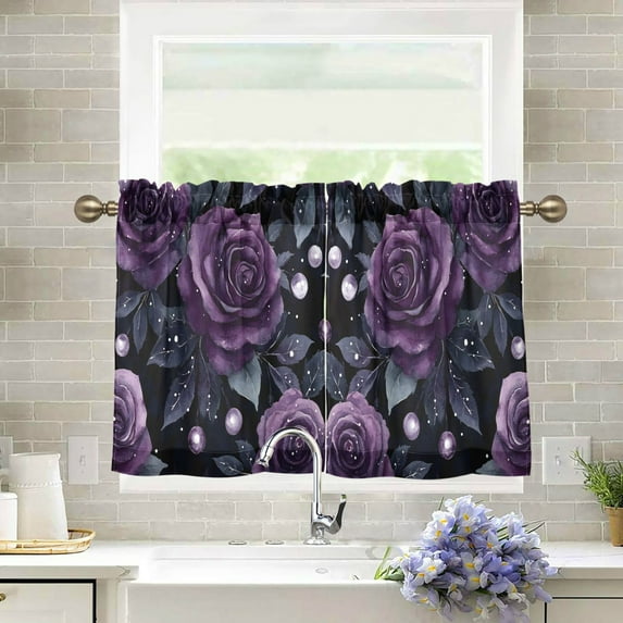 Yayeee Kitchen Curtains Tier Pair Light Filtering 27"x36" Rod Pocket Short Cafe Window Panel, Roses and Pearls