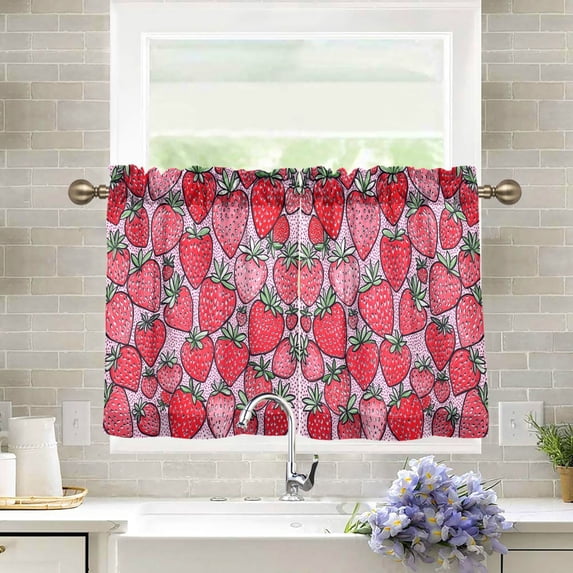 Yayeee Kitchen Curtains Tier Pair Light Filtering 27"x36" Rod Pocket Short Cafe Window Panel, Sweet Strawberry