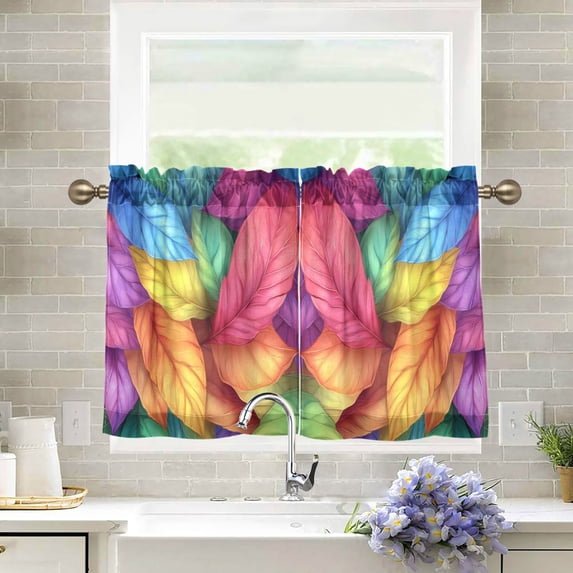 Yayeee Kitchen Curtains Tier Pair Light Filtering 27"x36" Rod Pocket Short Cafe Window Panel, Vibrant Leaves Pattern